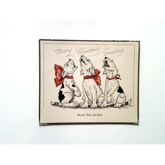 Christmas Card Other - Vintage Christmas Greeting Card Dogs with Red Bows Harold Elsie John Early Puppy